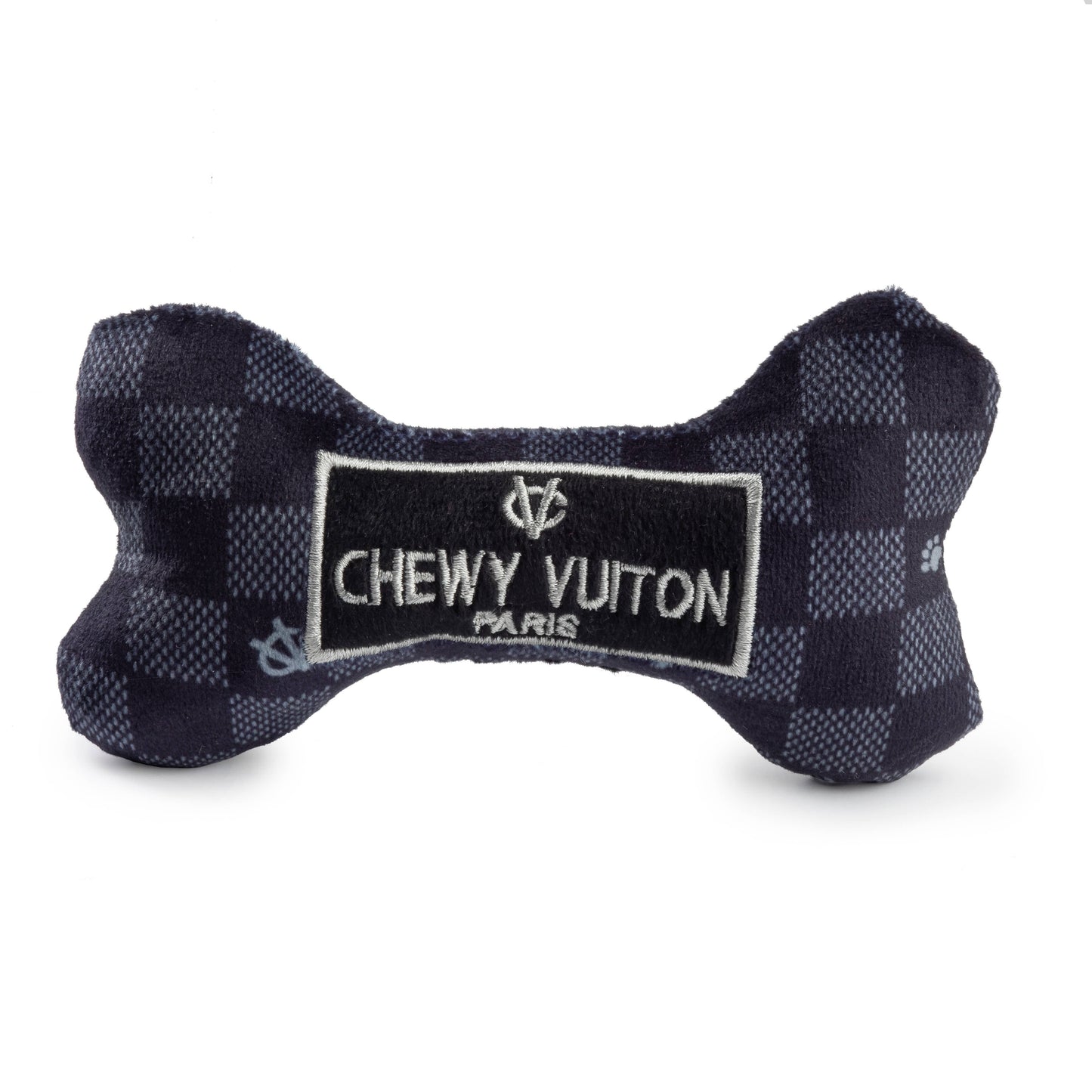 Black Checker Chewy Vuiton Bone Squeaker Dog Toy