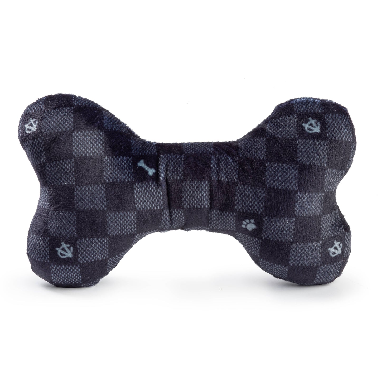 Black Checker Chewy Vuiton Bone Squeaker Dog Toy