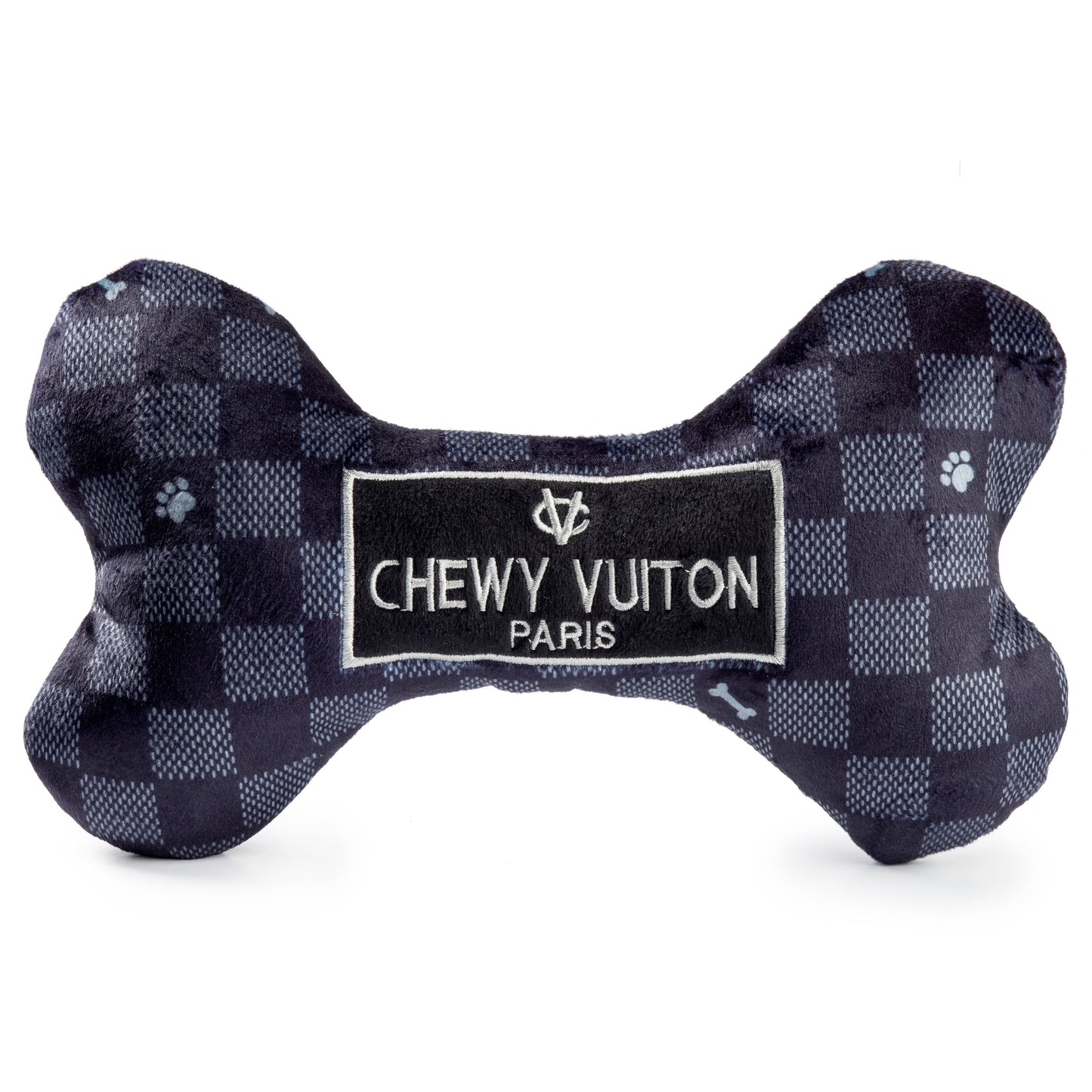 Black Checker Chewy Vuiton Bone Squeaker Dog Toy