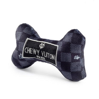 Black Checker Chewy Vuiton Bone Squeaker Dog Toy